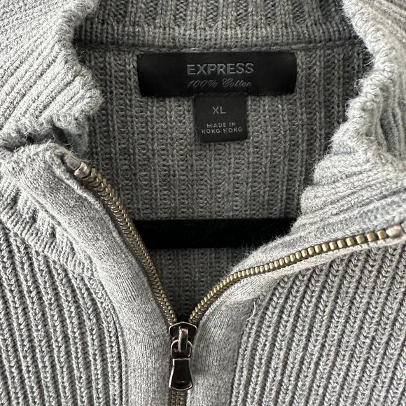 Express Men's XL Gray Ribbed Full Zip-Up Sweater 100% Cotton - Picture 2 of 13